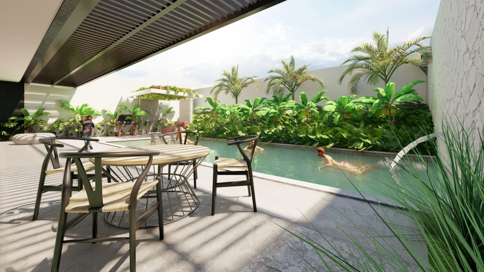Projeto 3D — área de lazer com piscina