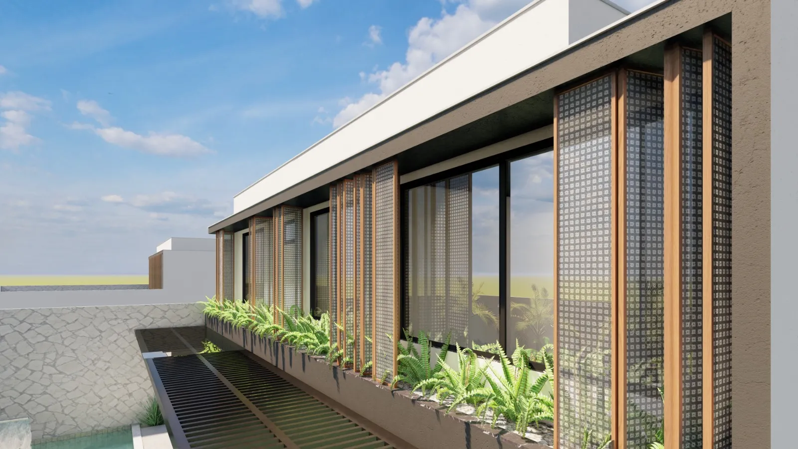 Projeto 3D — detalhe dos brises de madeira e das jardineiras