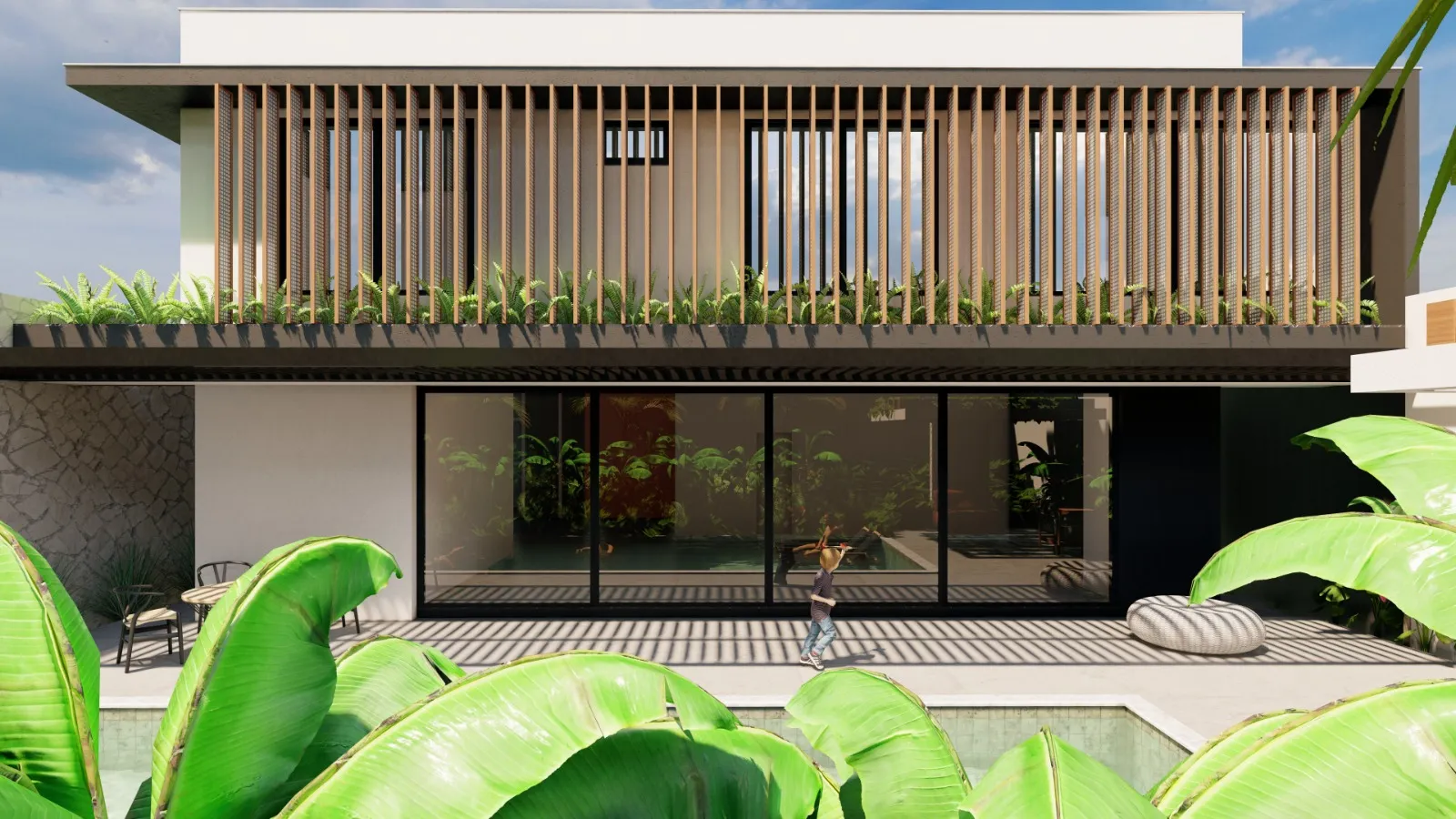 Projeto 3D — fachada com piscina e brises de madeira